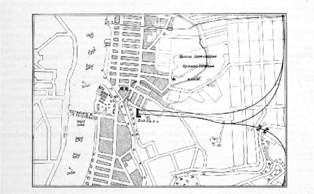 План Петрограда с указанием места строительства предполагаемого вокзала.png